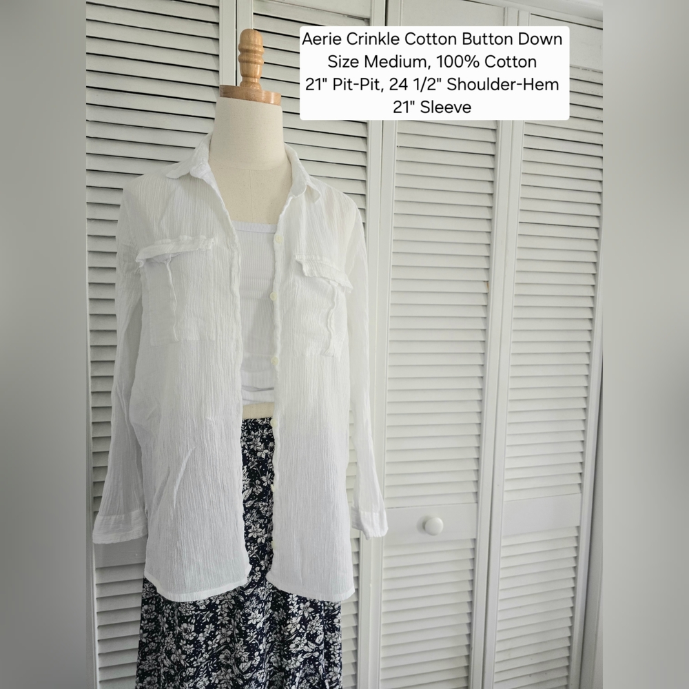 Aerie White Crinkle Cotton Button Down